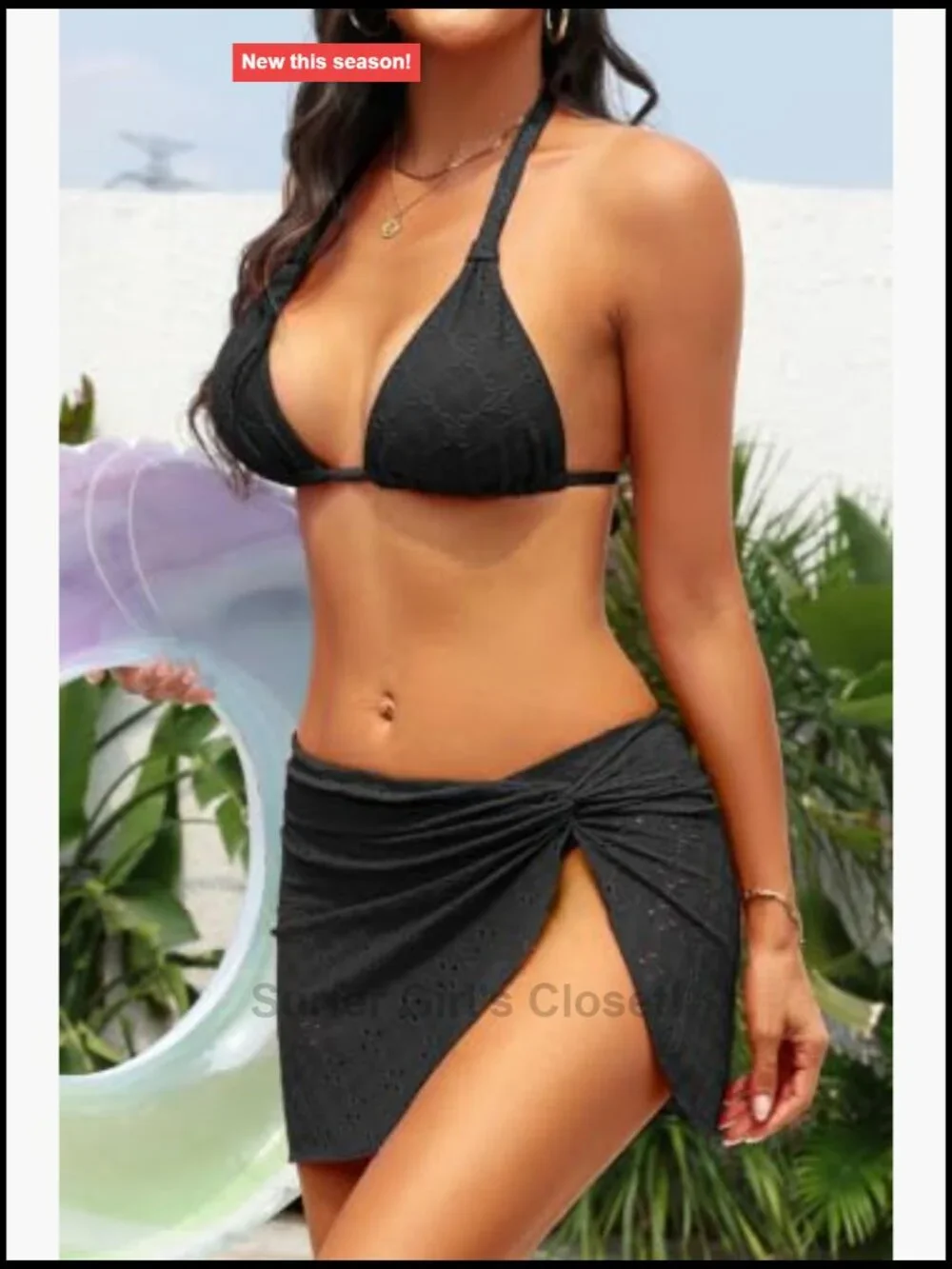 3 Piece Bikini Set Halter Eyelet Swimsuit with Cover Up Skirt